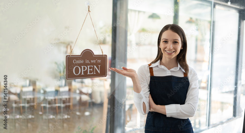 Opening a small business, Happy woman in an apron standing near a bar counter coffee shop, Small bus