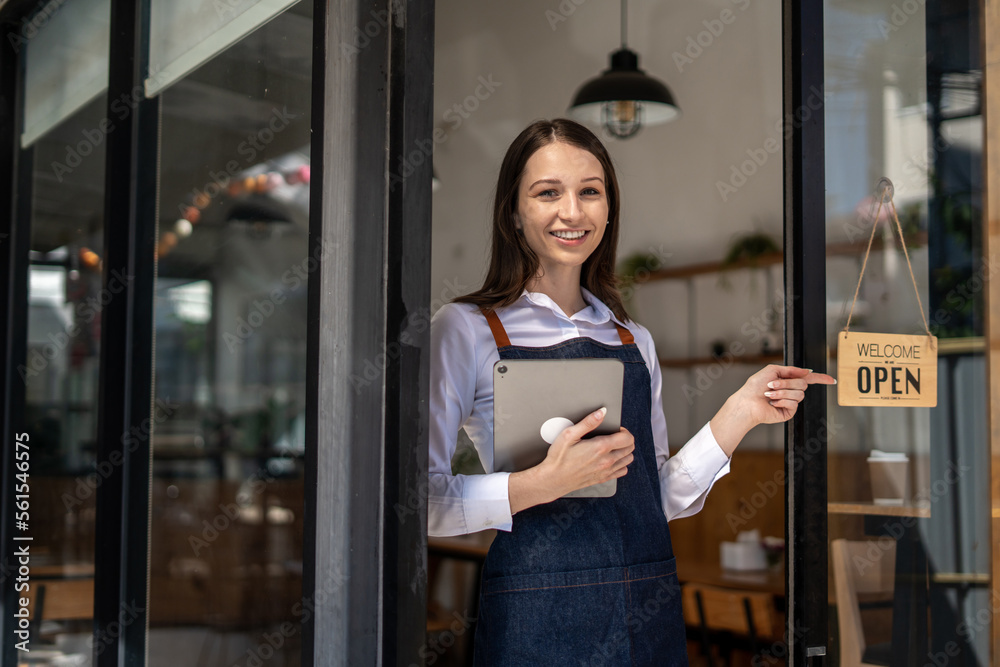 Opening a small business, Happy woman in an apron standing near a bar counter coffee shop, Small bus