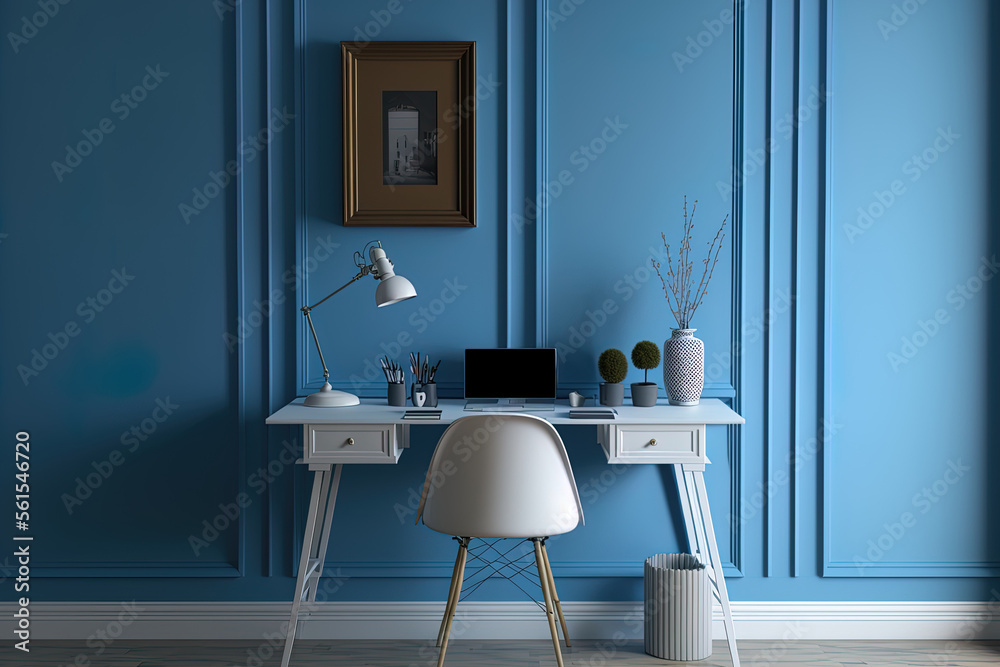 mockup of a rooms interior featuring a blue wall, a white classic desk, and a classic light. Genera