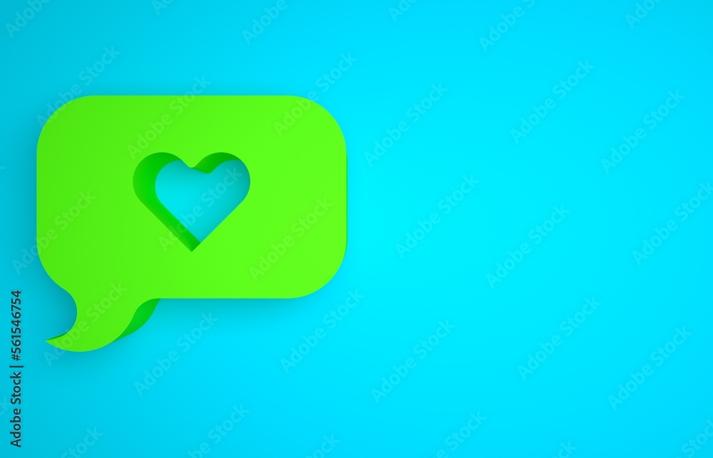 Green Heart in speech bubble icon isolated on blue background. Happy Valentines day. Minimalism conc