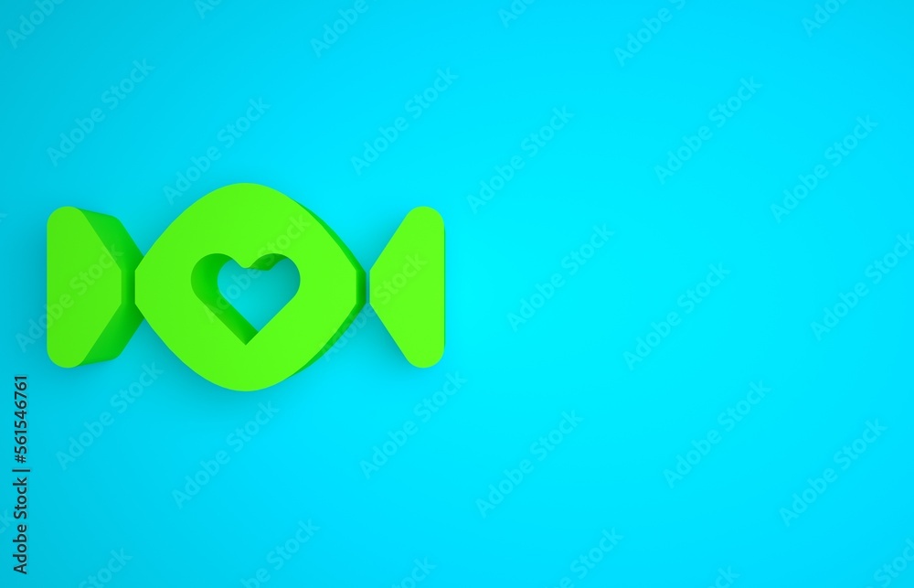 Green Candy icon isolated on blue background. Happy Valentines day. Minimalism concept. 3D render il