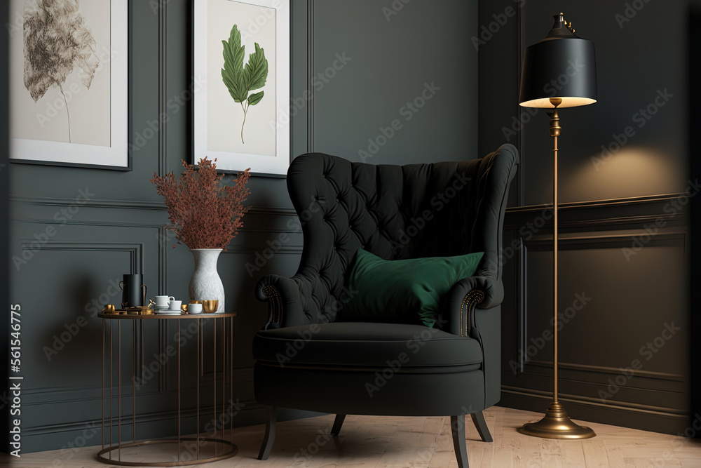 cozy living room interior design. mockup of a wall with a black armchair. Generative AI