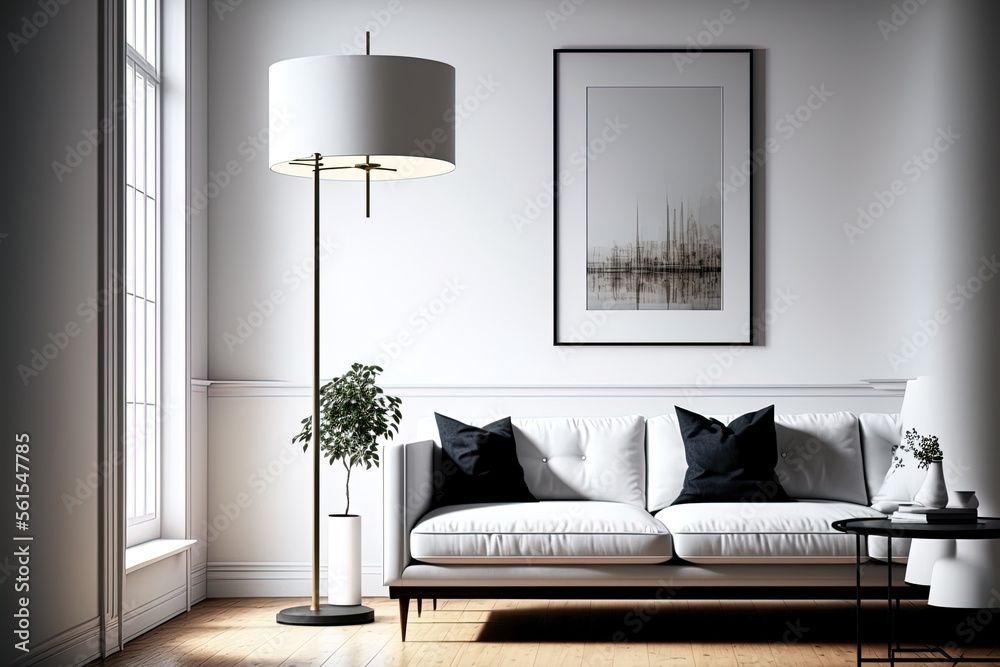 Interior of living room with white leather couch, carpet, floor lamp, and coffee table on hardwood f