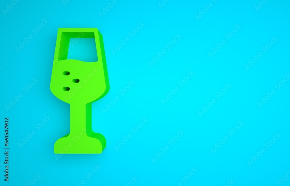 Green Glass of champagne icon isolated on blue background. Happy Valentines day. Minimalism concept.