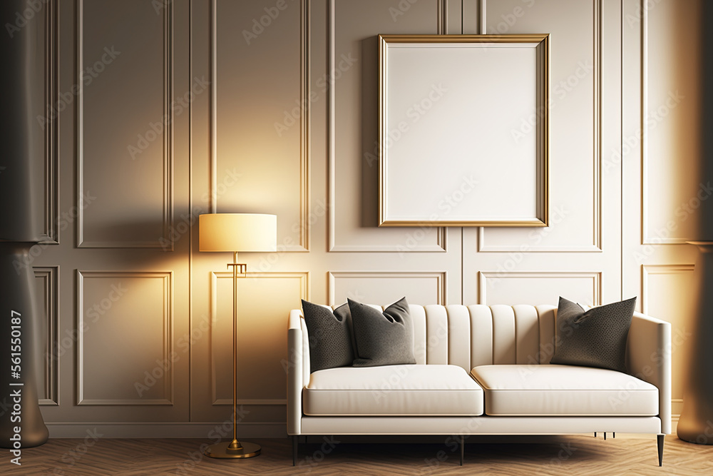 A mock up of a modern luxury living rooms interior featuring a blank poster frame, a beige sofa, or