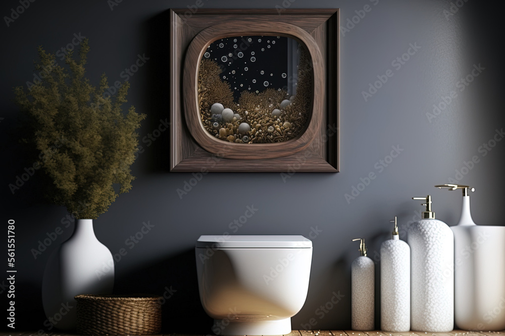 Close up of a horizontal wooden frame mockup on a contemporary toilet with glass decorations. Genera