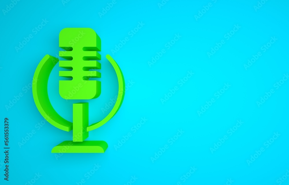 Green Microphone icon isolated on blue background. On air radio mic microphone. Speaker sign. Minima