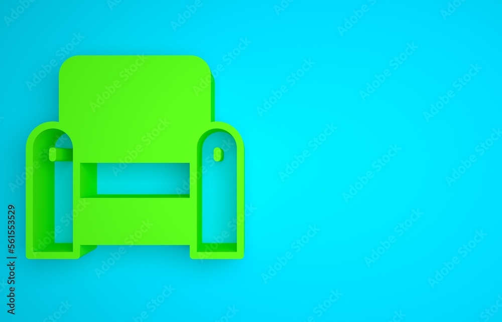 Green Armchair icon isolated on blue background. Minimalism concept. 3D render illustration