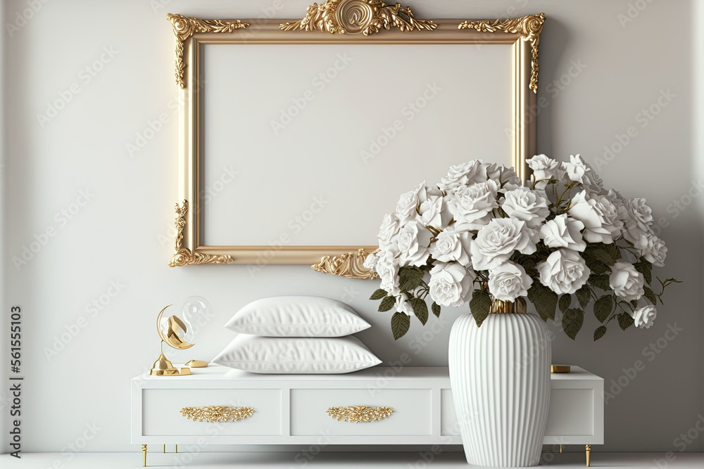 white furniture with a golden horizontal frame and a bunch of rose flowers as luxury interior design