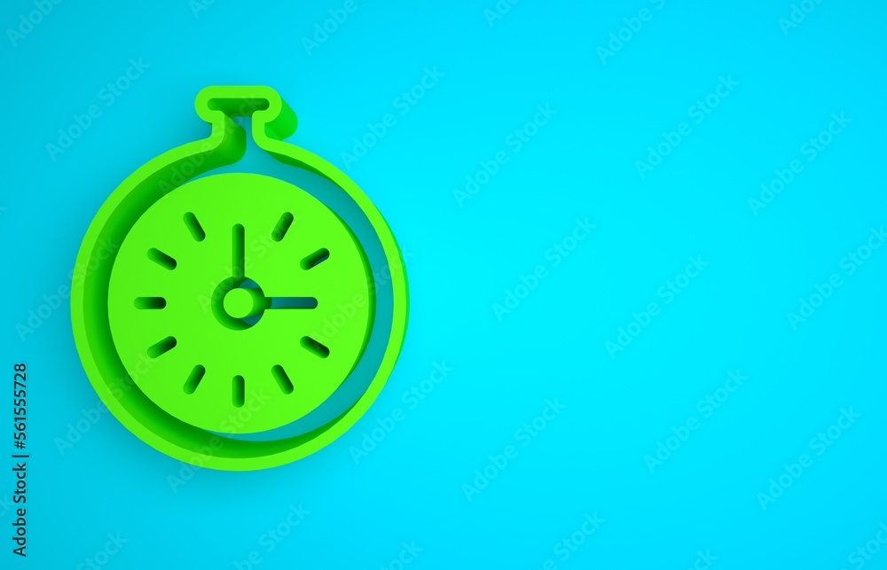 Green Pocket watch icon isolated on blue background. Minimalism concept. 3D render illustration