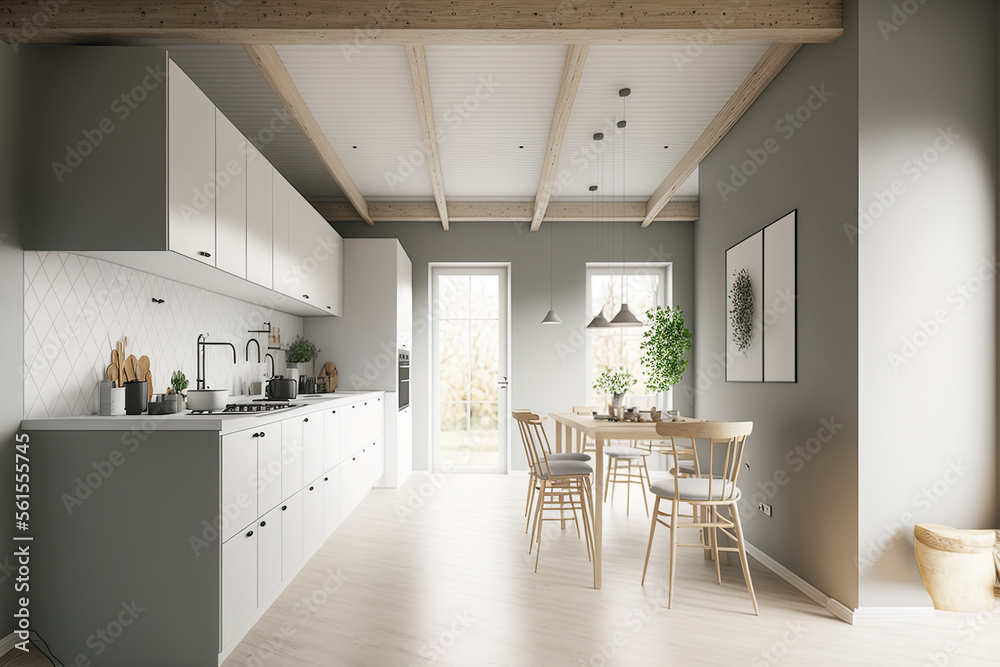 white and gray kitchen with wood. Streamlined and minimal design. Bamboo wallpaper, a parquet floor,