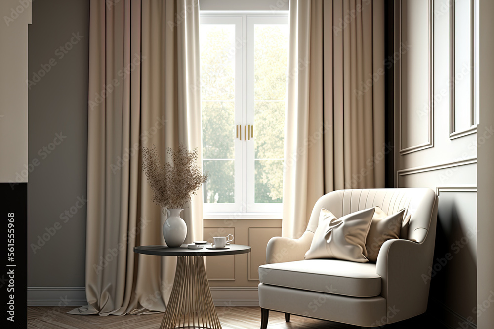 Interior of a living room with a coffee table and an armchair made of white and beige cloth, a mock 