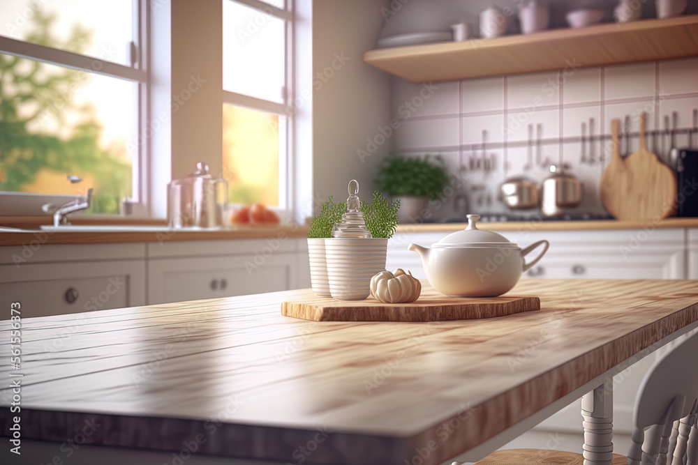 Kitchen with wooden table top and blurry background in Scandinavian style. Generative AI