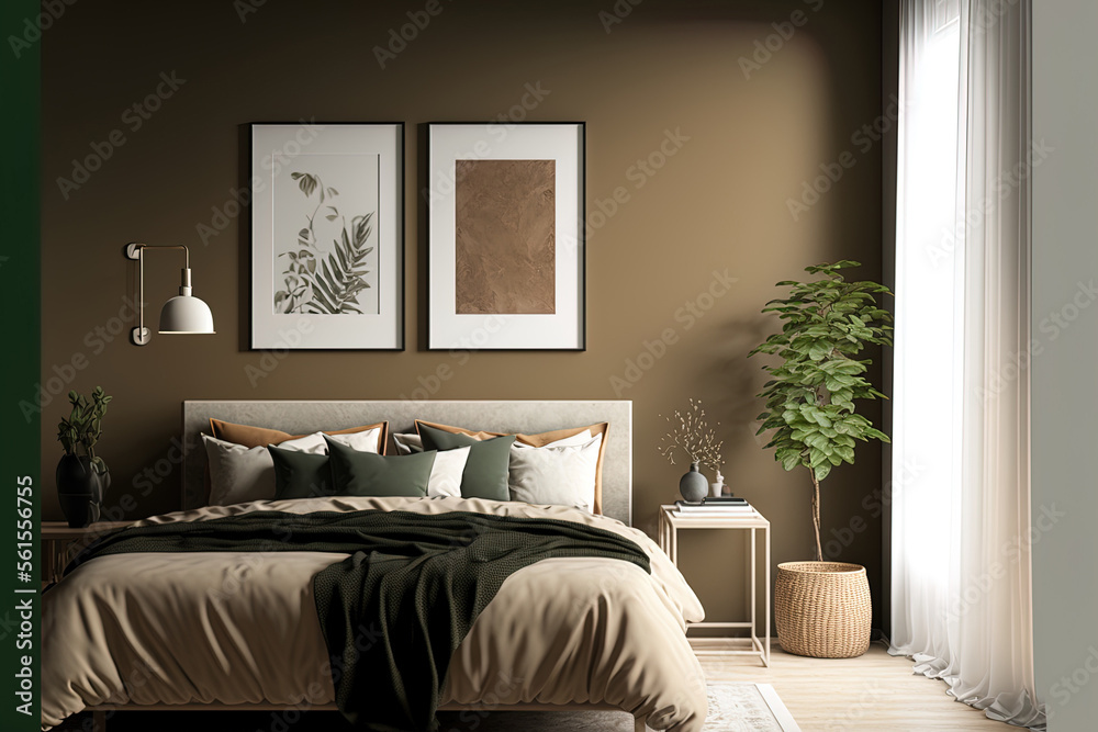 Mockup of a bedrooms interior featuring a khaki wall and brown furniture. Generative AI