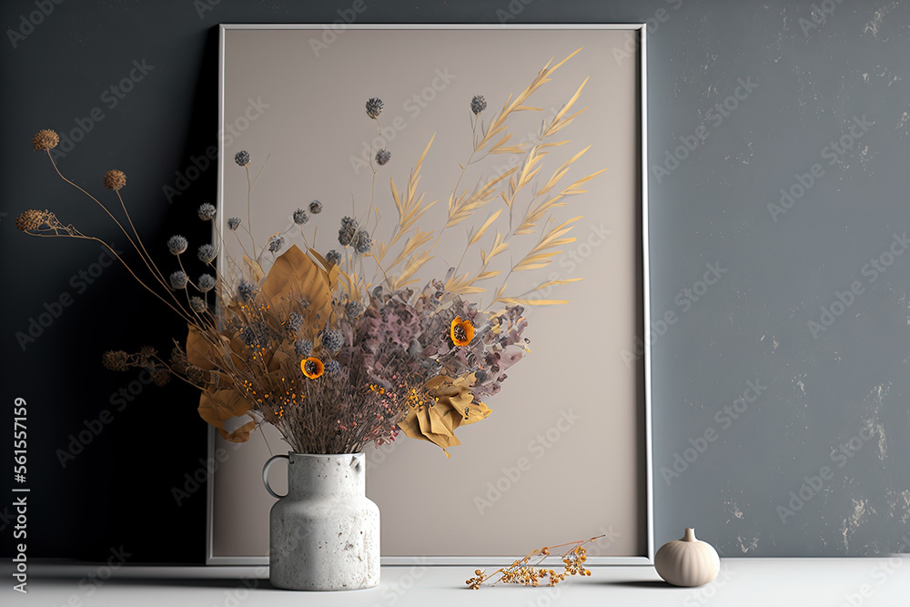 Mockup of a landscape on a gray wall with dry flowers in a vase. Generative AI