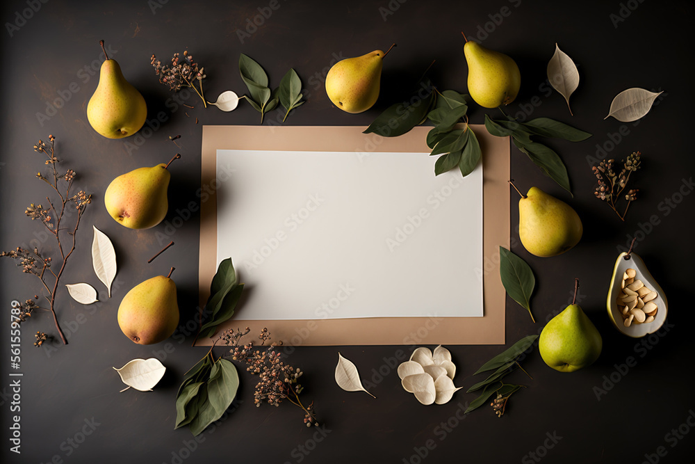 Mockup with pears, a blank sheet of paper, and a dark background. simple still life in the summer. F