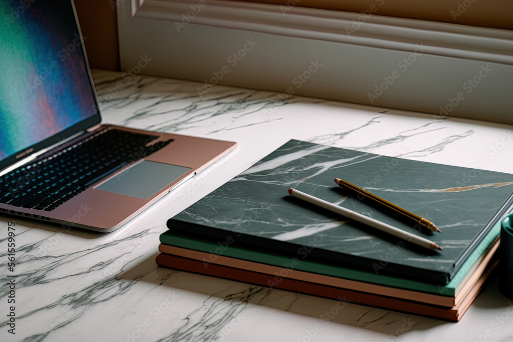 Computer, colored pencils, and books are on a marble desk with copy space. Generative AI