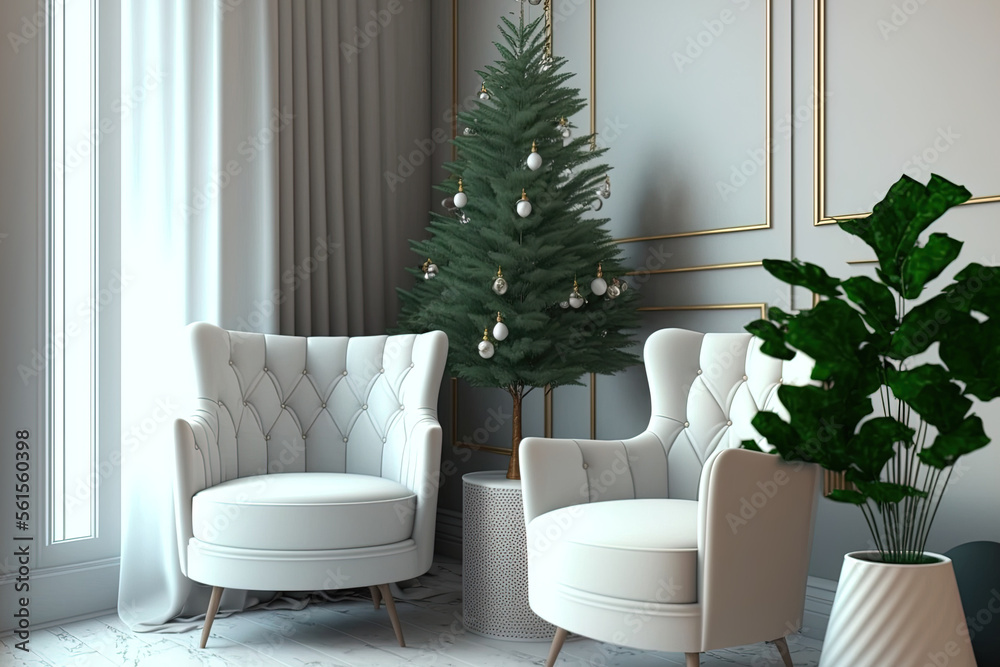 Clouse up cozy christmas white living room decorated сhristmas trees in pots, eco friendly decor, gr