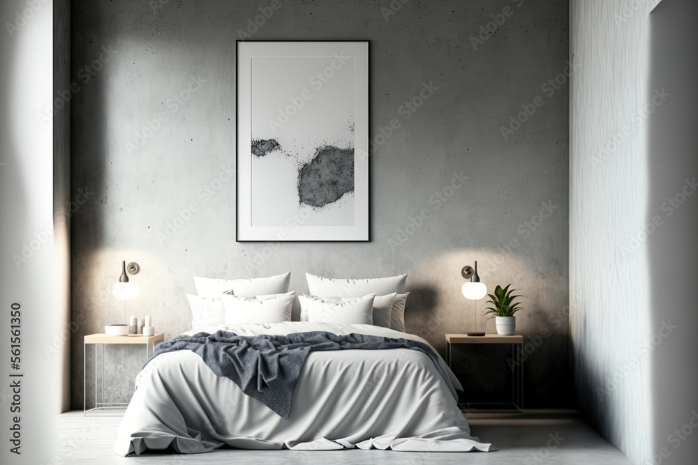 Interior of a gray and white bedroom with a concrete floor, a big bed covered in white, and two beds