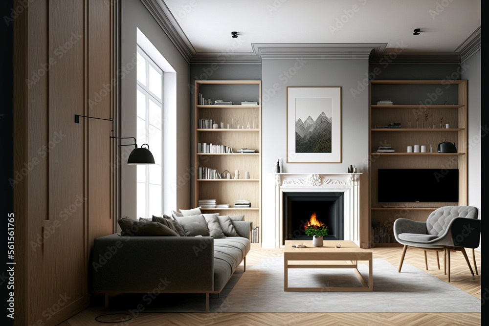 Interior of a living room with a fireplace, coffee table, bookshelves, carpet, and parquet floor mad