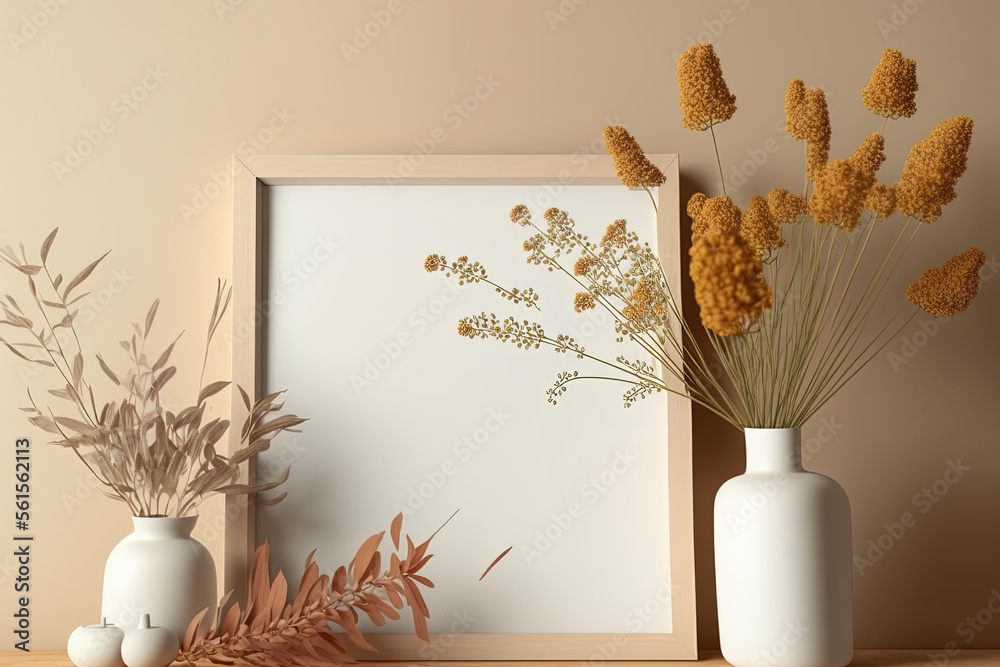 Landscape wooden picture frame mockup with dry flowers in minimalistic style room interior, blank fr