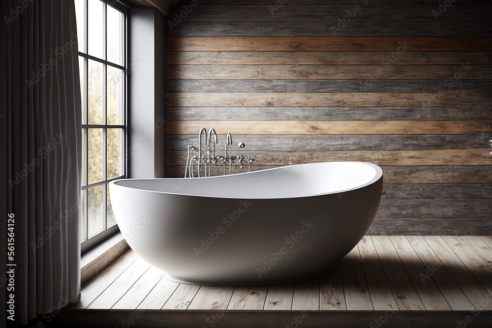 White bathtub seen from the side in a bathroom with gray and wooden walls. There are two sinks in th