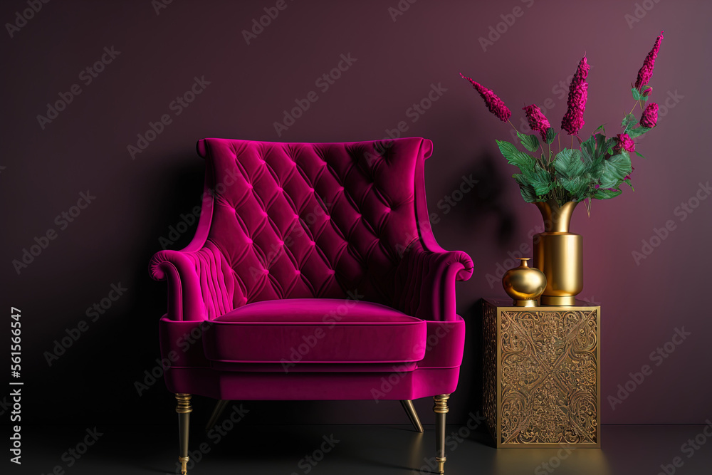 Dark wall background mockup with viva magenta armchair furniture and decor of the year 2023. Generat