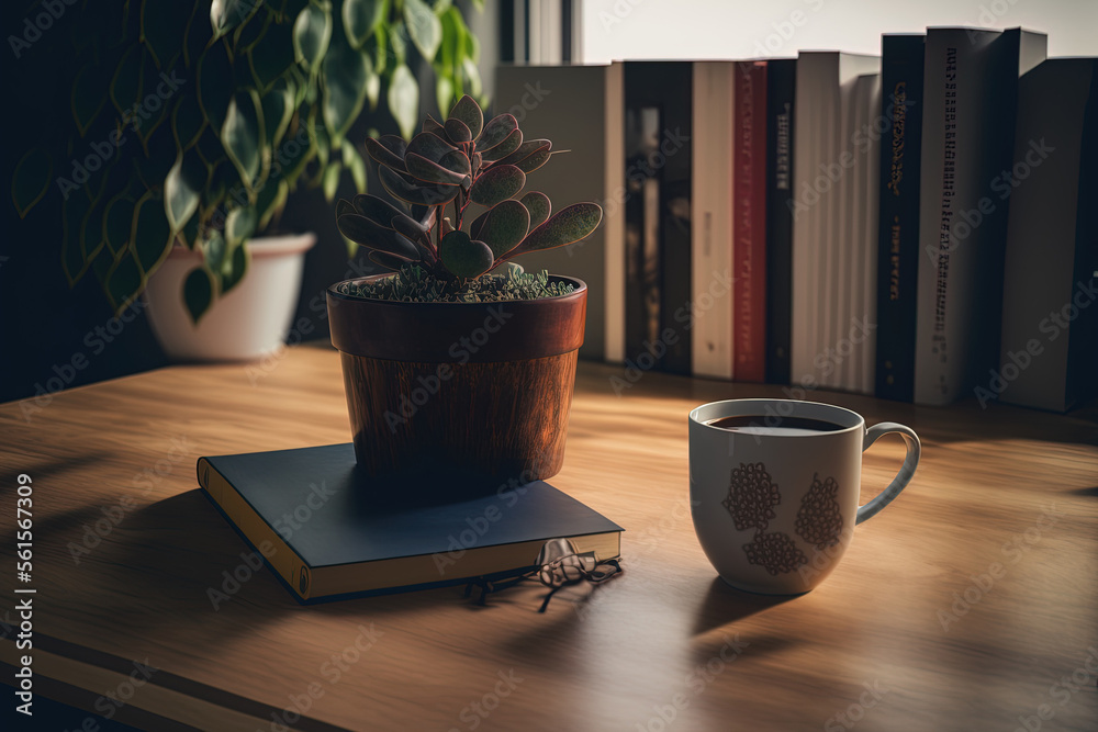 On a wood desk in a contemporary workstation are a book, a plant, and a coffee cup. Generative AI