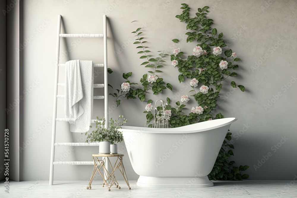 White cozy bathroom interior with beautiful bathtub, bathroom accessories, towel, plant, tile wall, 