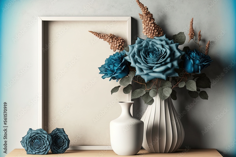 Interior design background with mock up poster frame on wooden shelf, blue rose arrangement, and vas