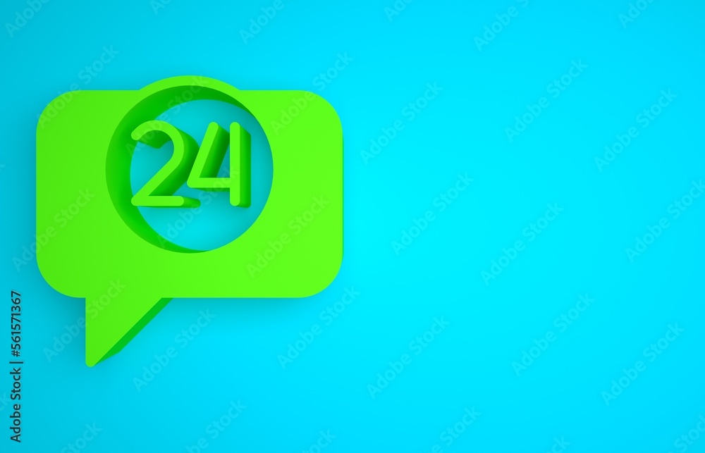 Green Telephone 24 hours support icon isolated on blue background. All-day customer support call-cen