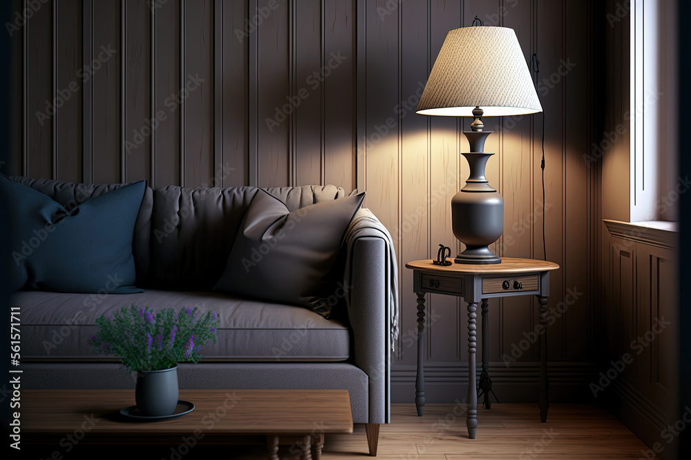 Interior of a living room with a sofa and a gray table lamp, with wood floors and wooden walls as ba