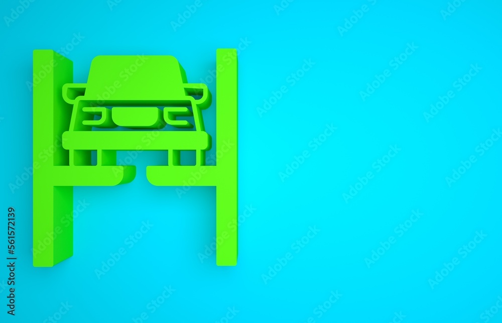 Green Repair car on lift icon isolated on blue background. Repair of the underbody, suspension, whee