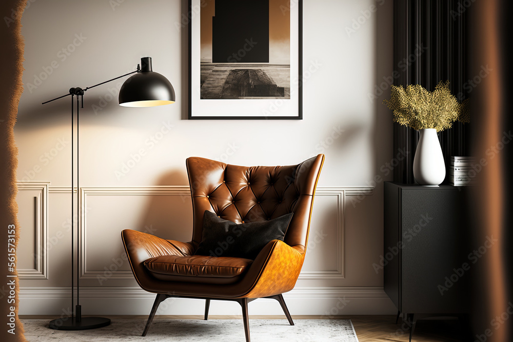 Elegant living room with brown imaginative armchair, black console, mock up poster frame, modern lig