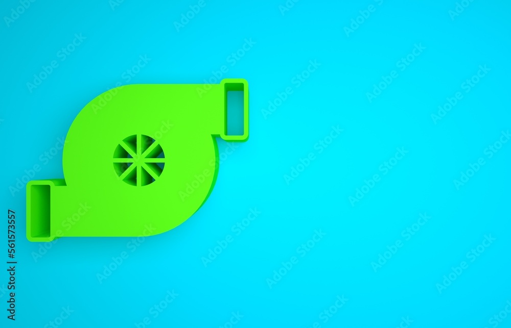 Green Automotive turbocharger icon isolated on blue background. Vehicle performance turbo. Turbo com