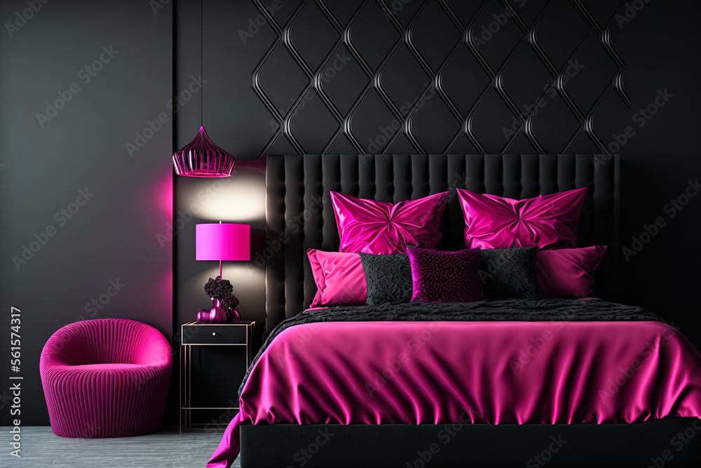 Bedroom in dark tone black and viva magenta color trend 2023 year panton furniture. Modern luxury ro