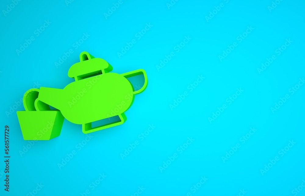 Green Traditional Chinese tea ceremony icon isolated on blue background. Teapot with cup. Minimalism