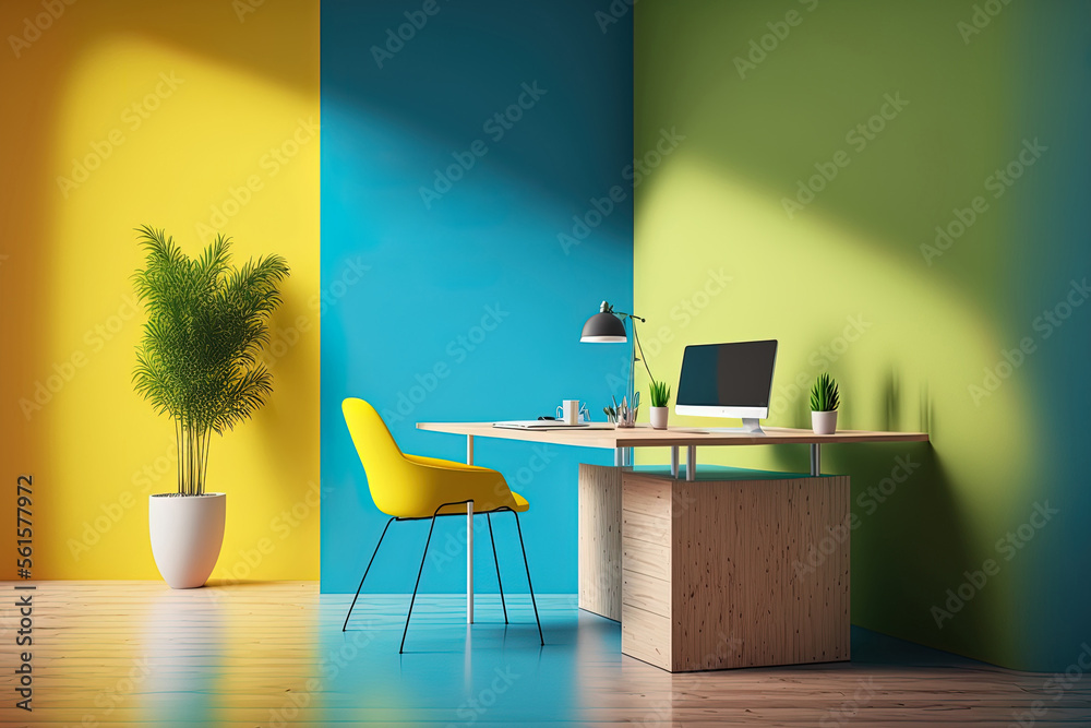 Brightly colored empty space at the business center. Mockup of an office setting with a wooden table