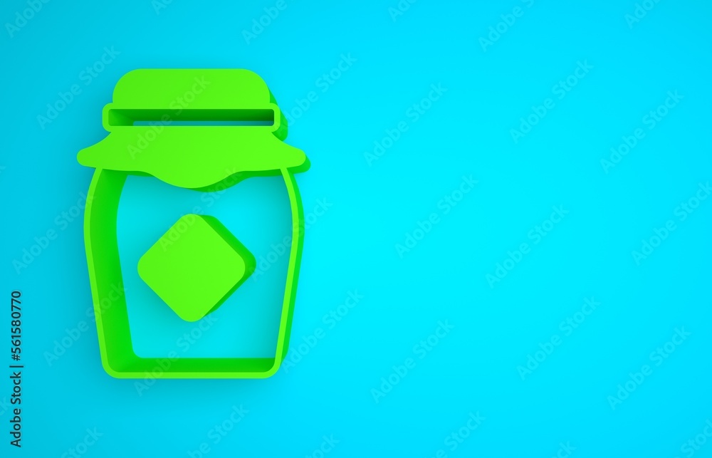 Green Jar of honey icon isolated on blue background. Food bank. Sweet natural food symbol. Minimalis