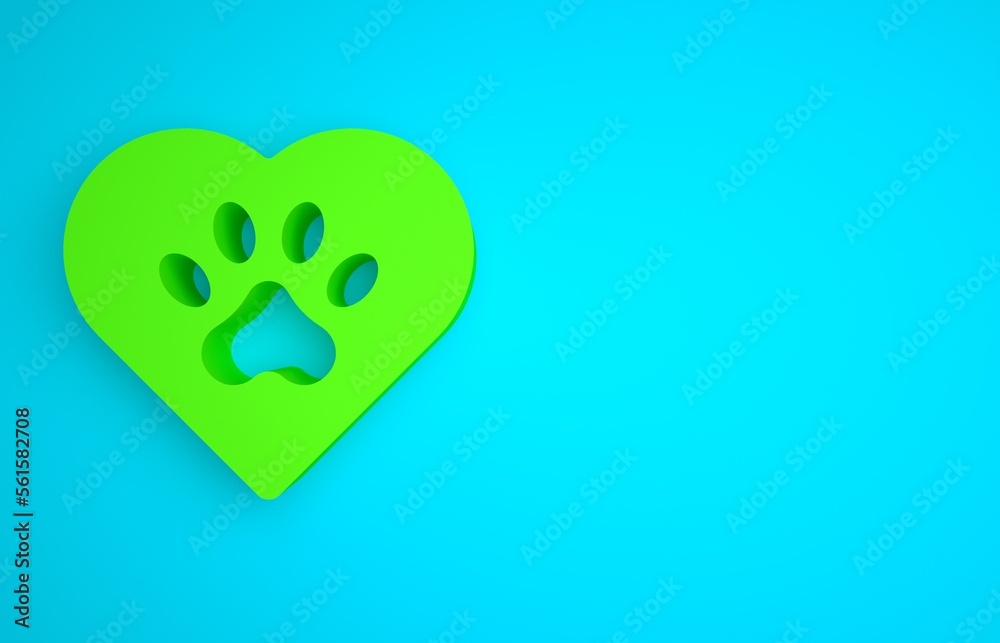 Green Heart with animals footprint icon isolated on blue background. Pet paw in heart. Love to the a