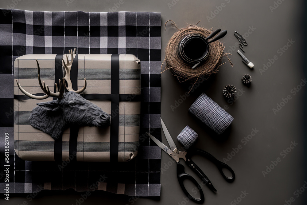 Scene of modern gift wrapping for Christmas featuring decorations and reindeer in buffalo plaid farm