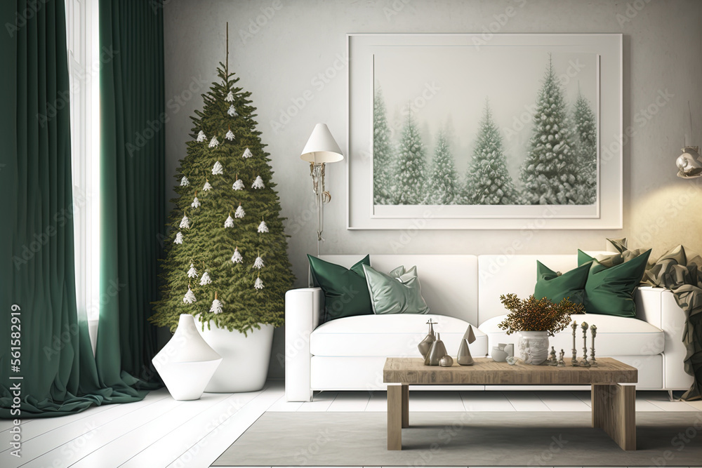 Cozy christmas living room decorated сhristmas trees in pots without decor, natural decor for сhrist