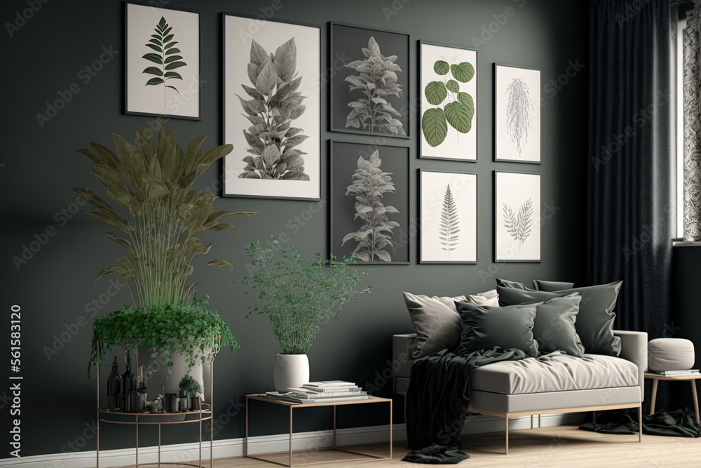 Interior of a minimalist living room with 8 frames on the wall, furniture, and plants. The color sch