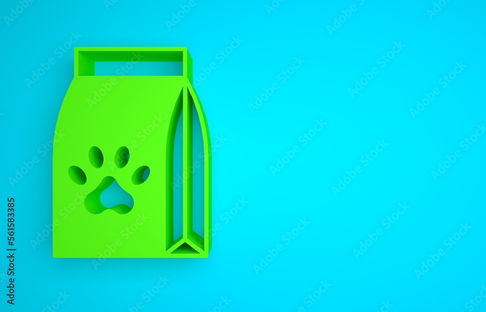 Green Bag of food for pet icon isolated on blue background. Food for animals. Dog bone sign. Pet foo