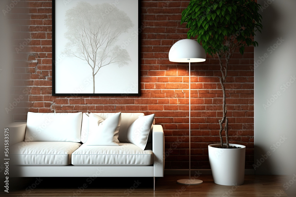 In the interior of a contemporary living room with a white leather sofa and armchair, a floor lamp, 