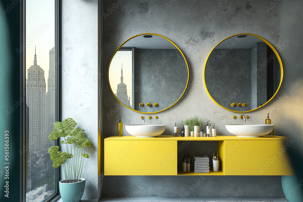 Interior of a bathroom made of concrete with a yellow double sink and a big horizontal mirror that r