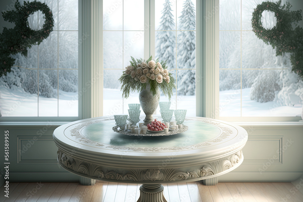 On a gorgeous sunny day, a glass round table with holiday décor stands out against a white interior.