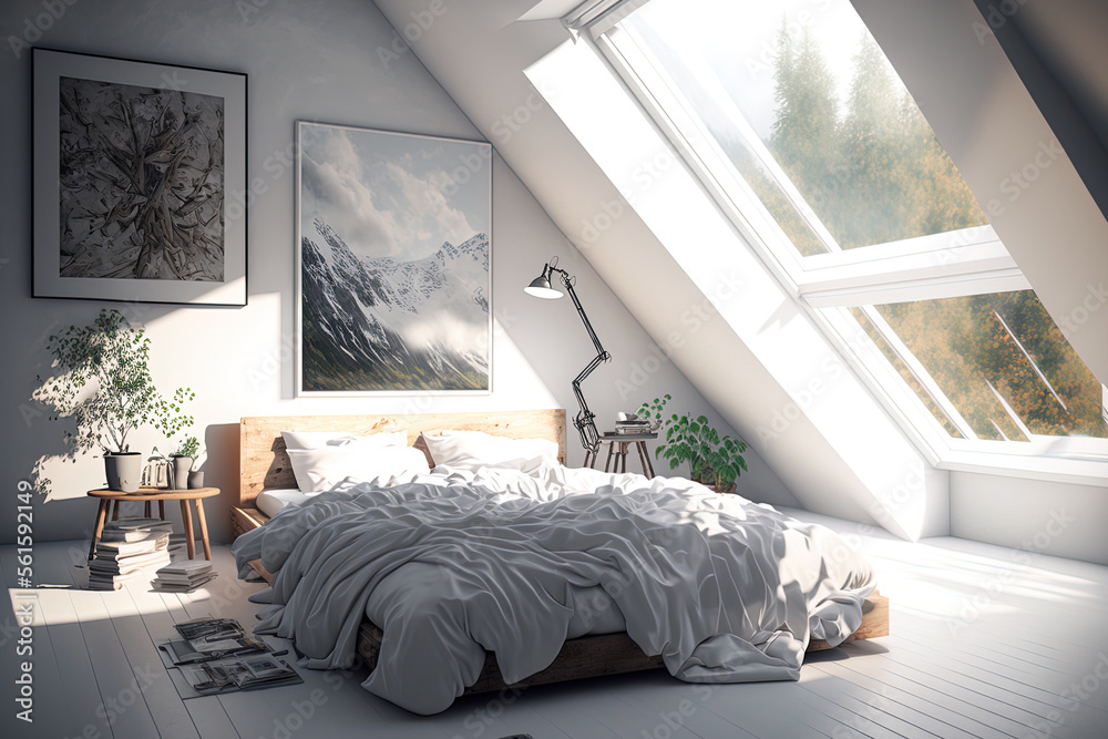 White bed in a Scandinavian style bedroom with skylights. Generative AI