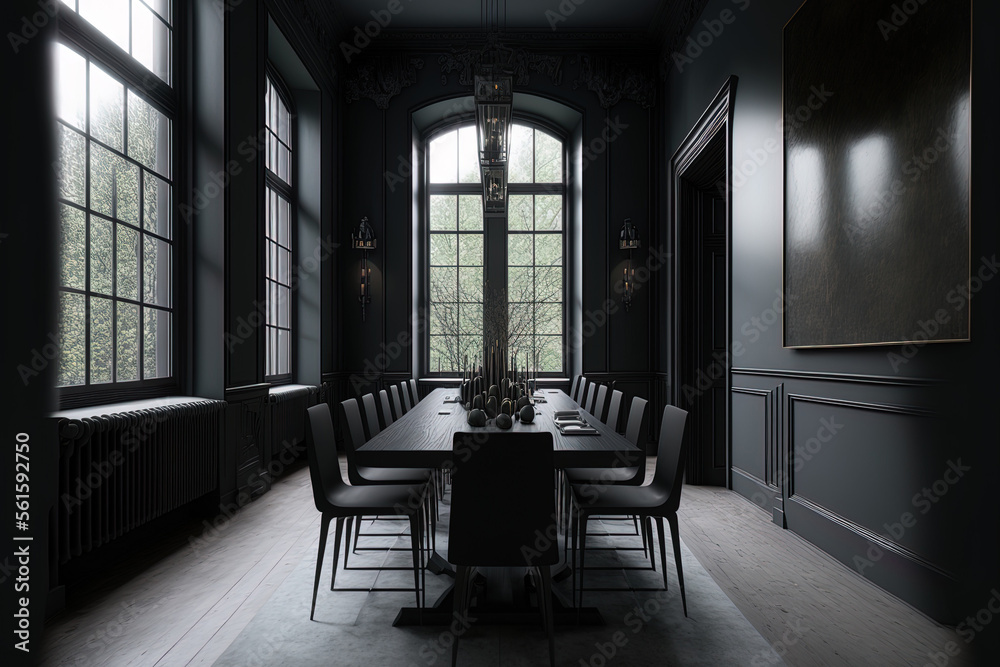 In a room that is completely black, there is a long black dining table with black and wooden chairs.