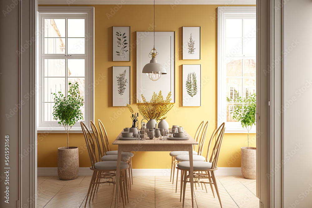 Scandinavian vintage dining room in yellow and beige tones. Wooden table with chairs, parquet, decor